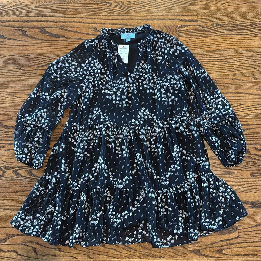 Nordstroms CeCe Black White V Neck Sheer Long Sleeve Floral Mini Dress S NWT